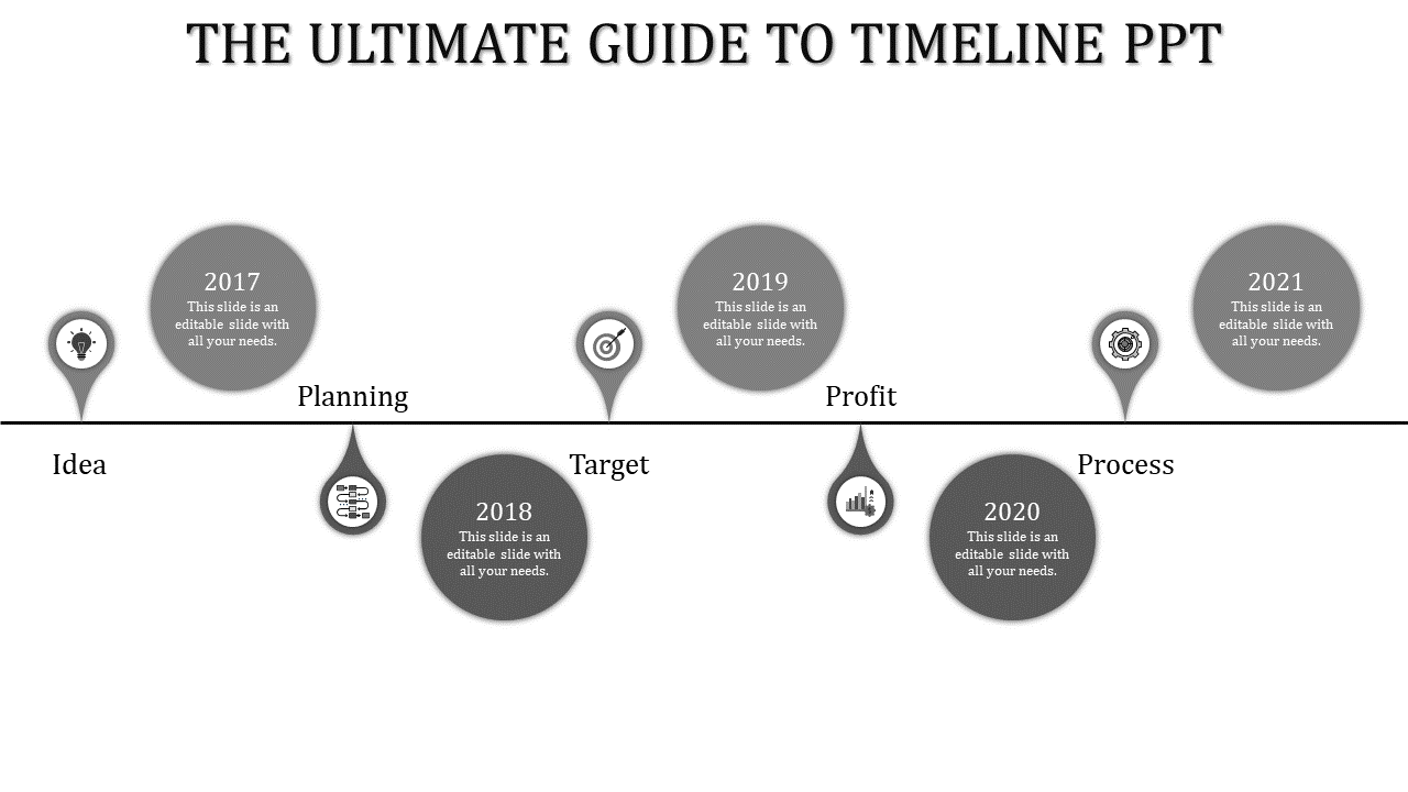 Timeline design with teardrop shaped markers on a black line, highlighting years 2017 to 2021 in gray tones.