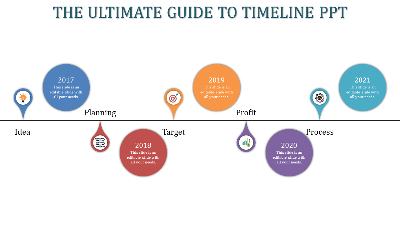 PPT timeline slide featuring the years 2017 to 2021, with icons from idea to process in colorful markers with text area.
