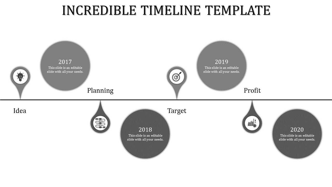 Four gray circular markers with icons, showing stages on a horizontal timeline labeled with years and phases.