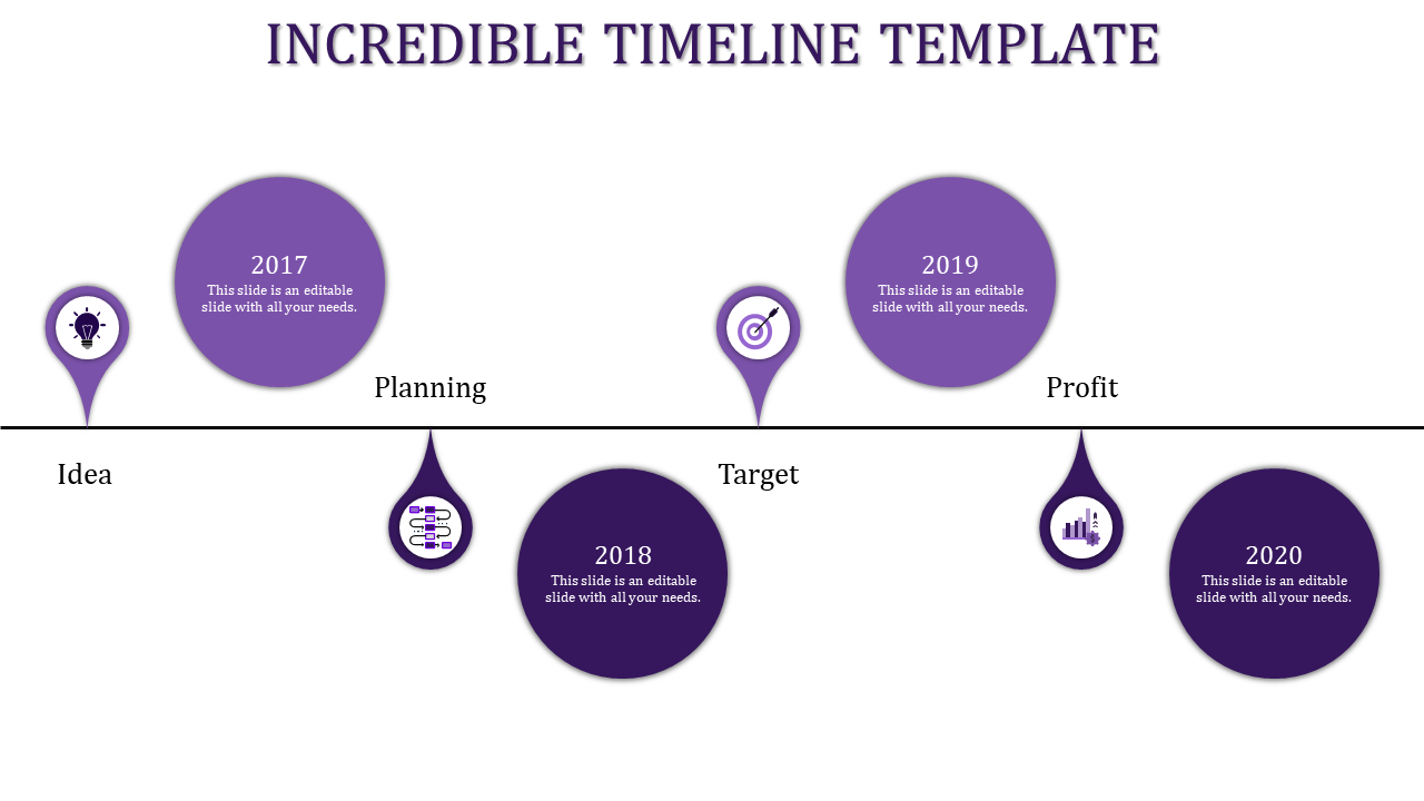 Purple timeline template with key milestones from 2017 to 2020, featuring sections for each year with icons.