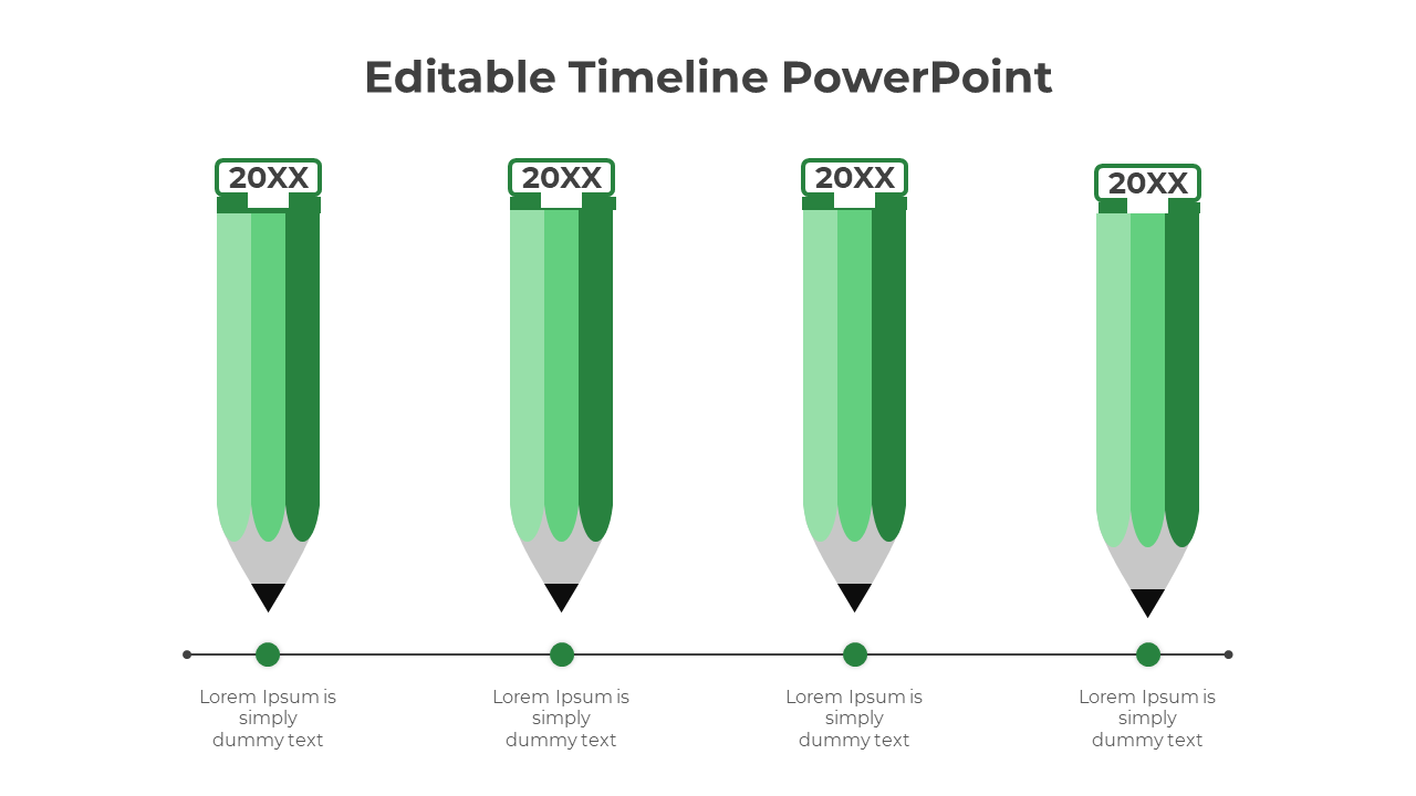 Green pencil themed timeline showing four steps labeled '20XX' with milestones linked by a horizontal line.