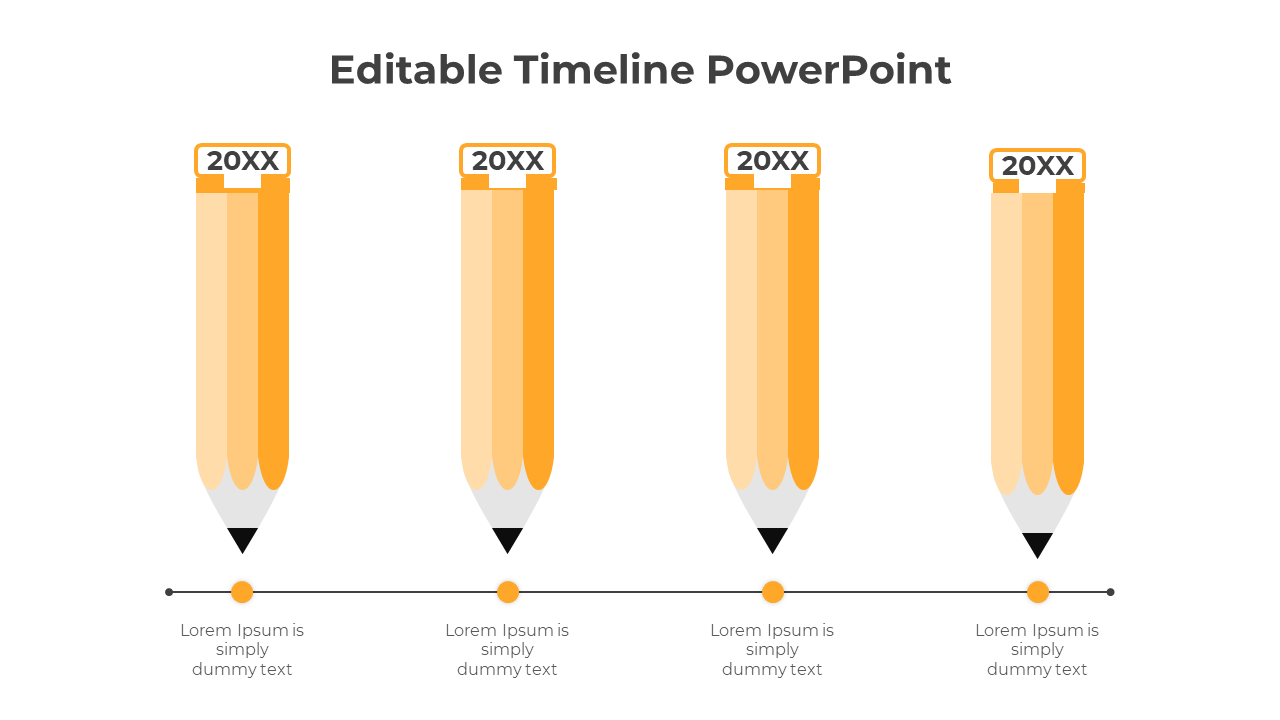 Timeline design featuring four orange pencil icons with dates at the top, connected to a horizontal line.
