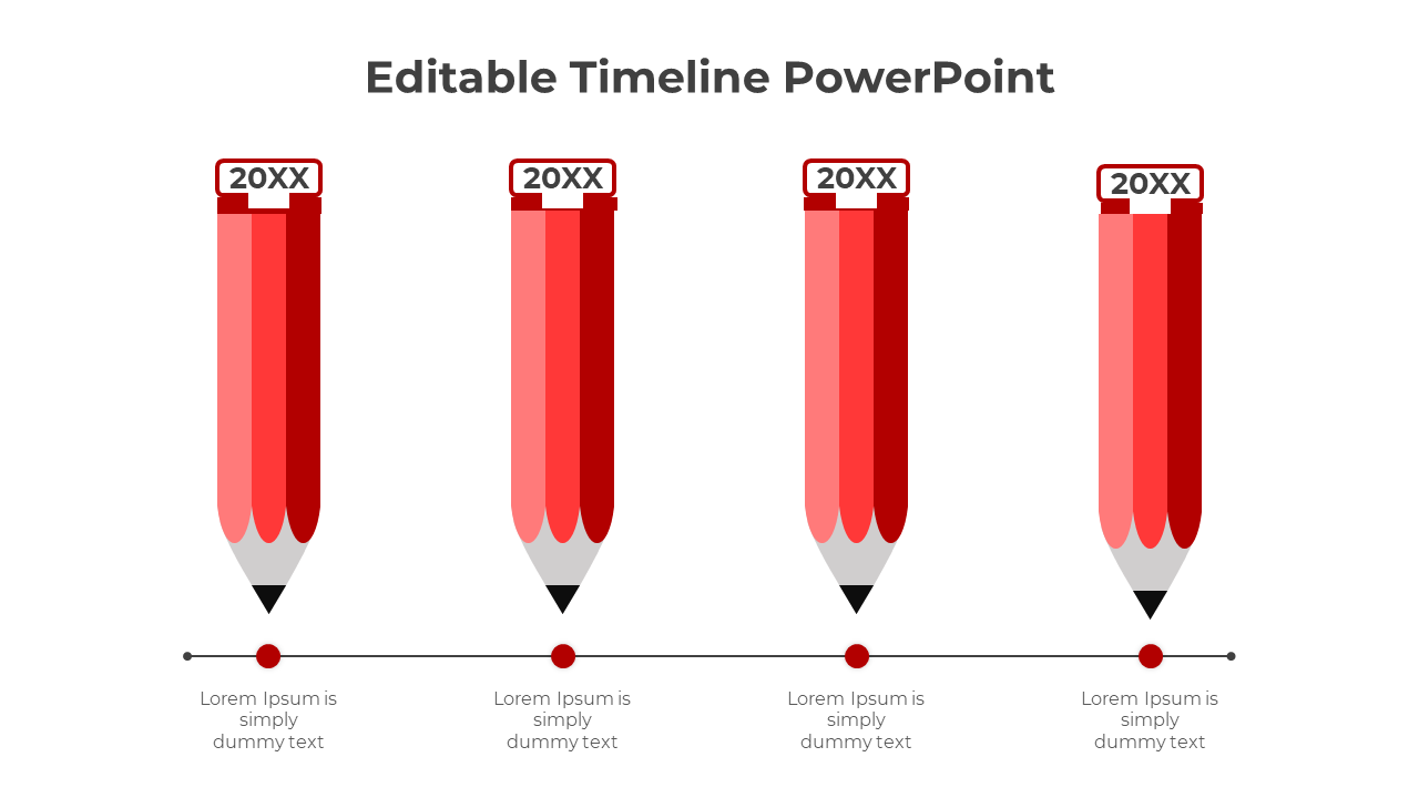 Timeline template with vertical red pencils marking four stages labeled '20XX' along a horizontal path.