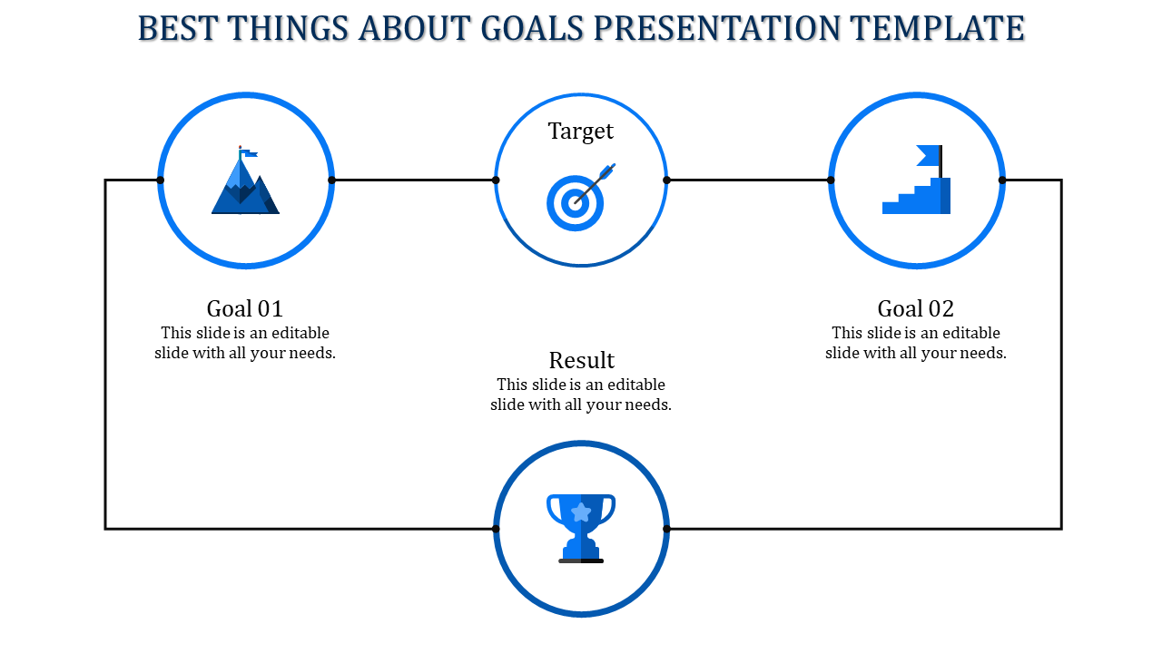 PowerPoint slide showing a blue icon with mountain, target, and trophy icons for goal setting with placeholder text.