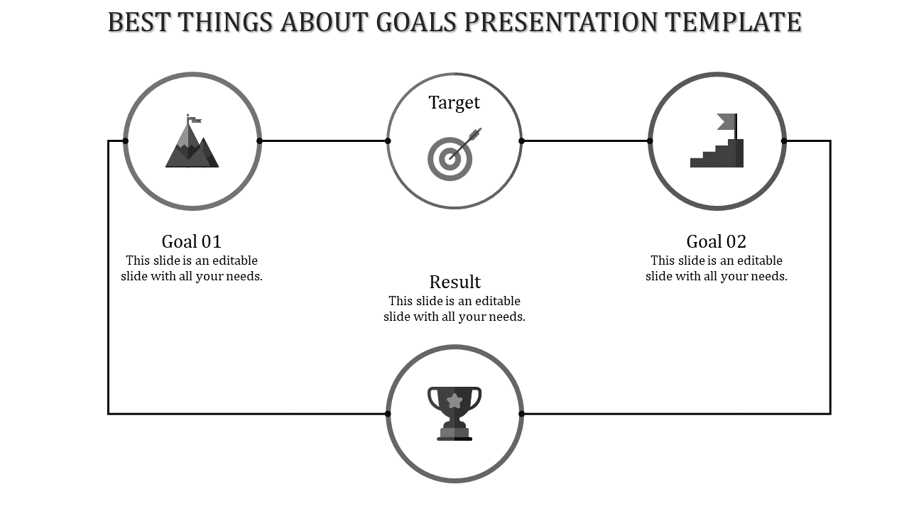Goal flowchart with icons for achievement stages: mountain, target, stairs, and trophy in circular nodes.