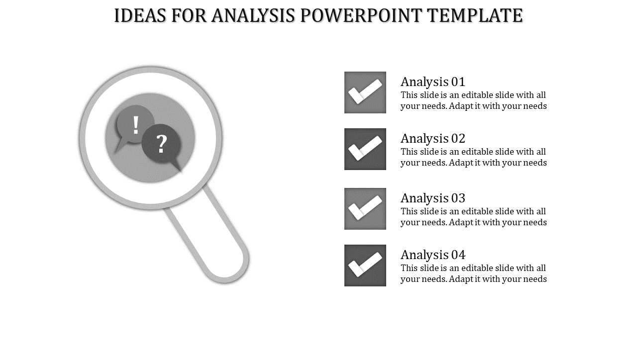 Infographic with a magnifying glass highlighting gray speech bubbles, paired with a numbered checklist for analysis ideas.