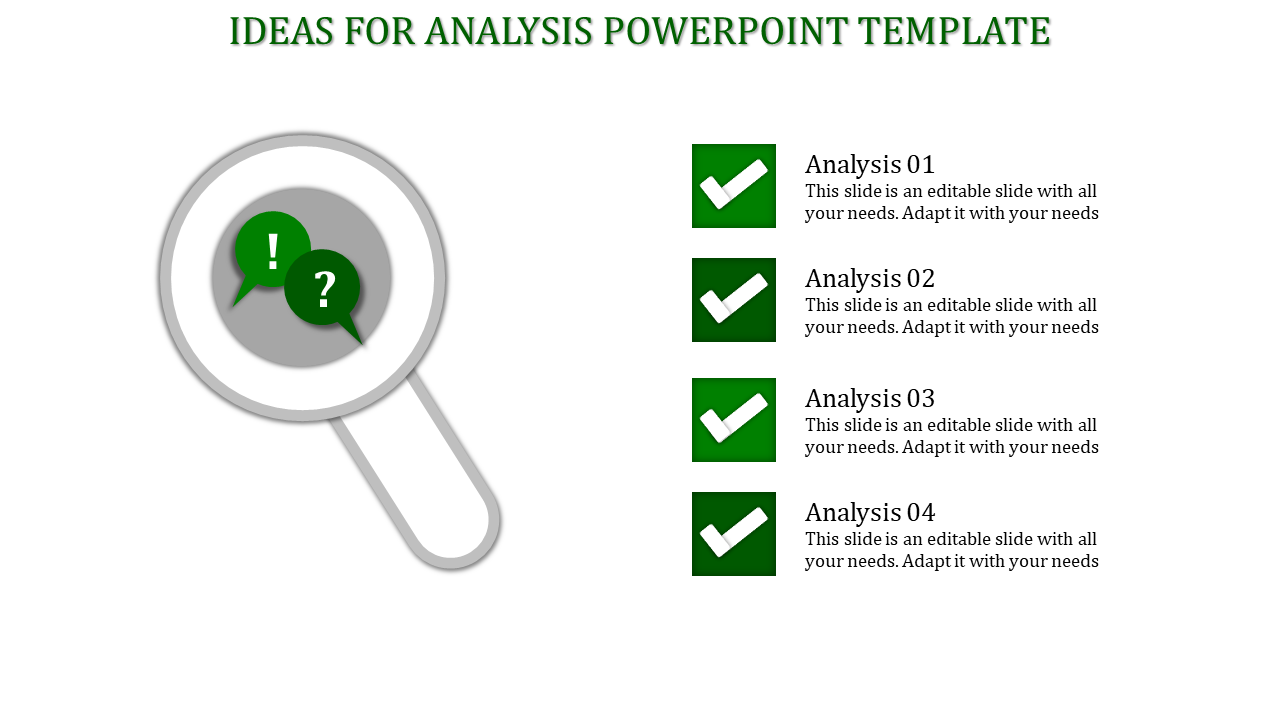 PPT slide showing a magnifying glass with question and exclamation green icons, accompanied by four analysis with text.