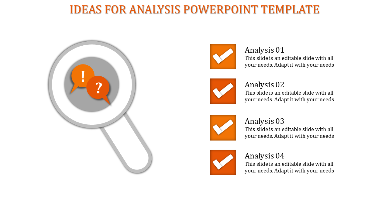 Analysis slide with magnifying glass, orange speech bubbles, and checklist items labeled with caption areas. 