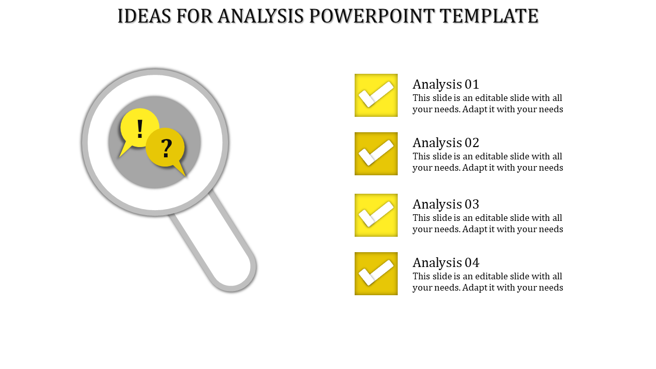 PPT slide showing a magnifying glass with question and exclamation yellow icons, accompanied by four analysis with text.