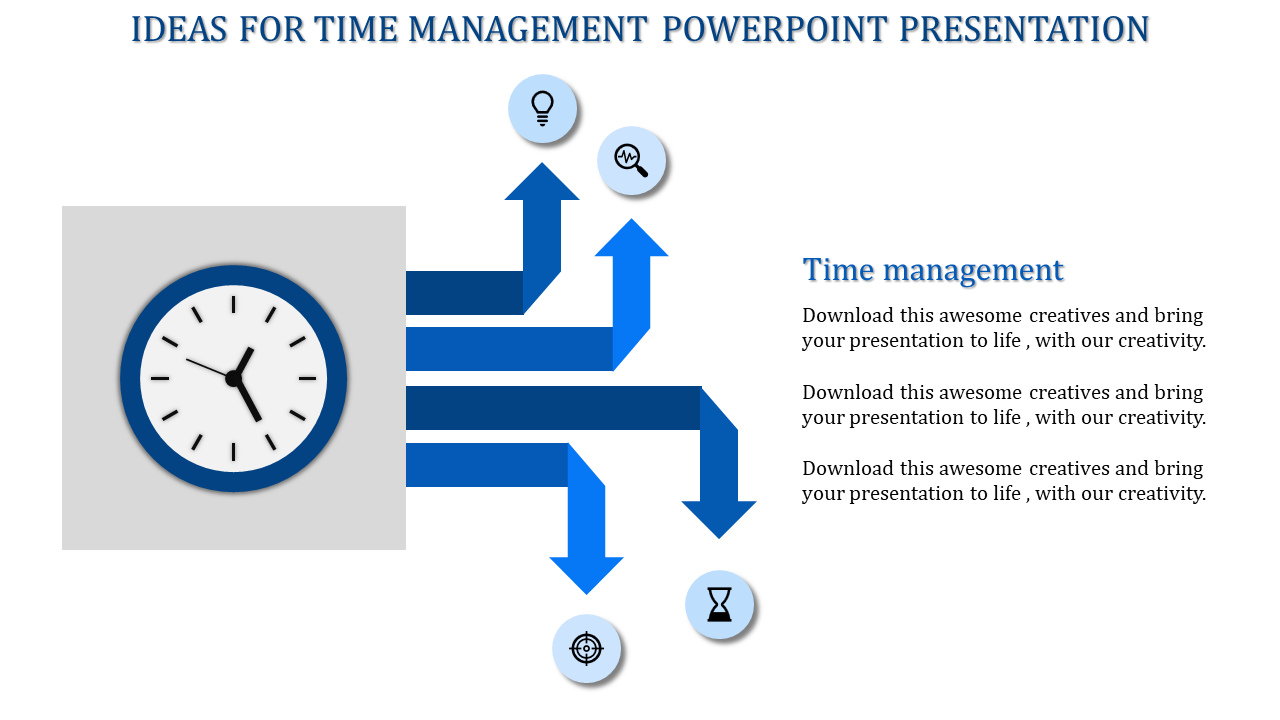 Time management PowerPoint design with a clock, blue arrows, and icons for productivity, goal setting, and scheduling.
