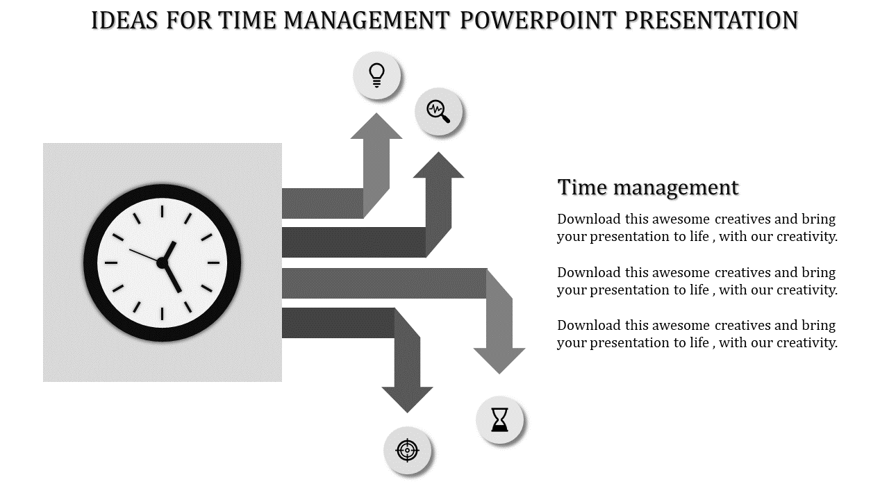 Clock graphic with arrows pointing to icons representing ideas, analysis, goals, and time management.
