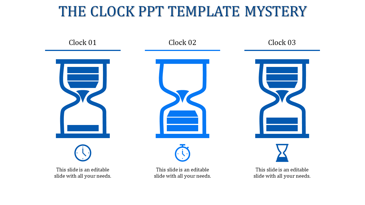 PowerPoint template showing three blue clock icons, each representing different time related concepts with placeholder text.