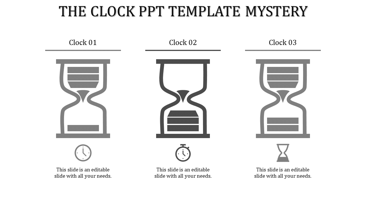 Hourglass timeline template showing three variations with corresponding clock and timer icons underneath.