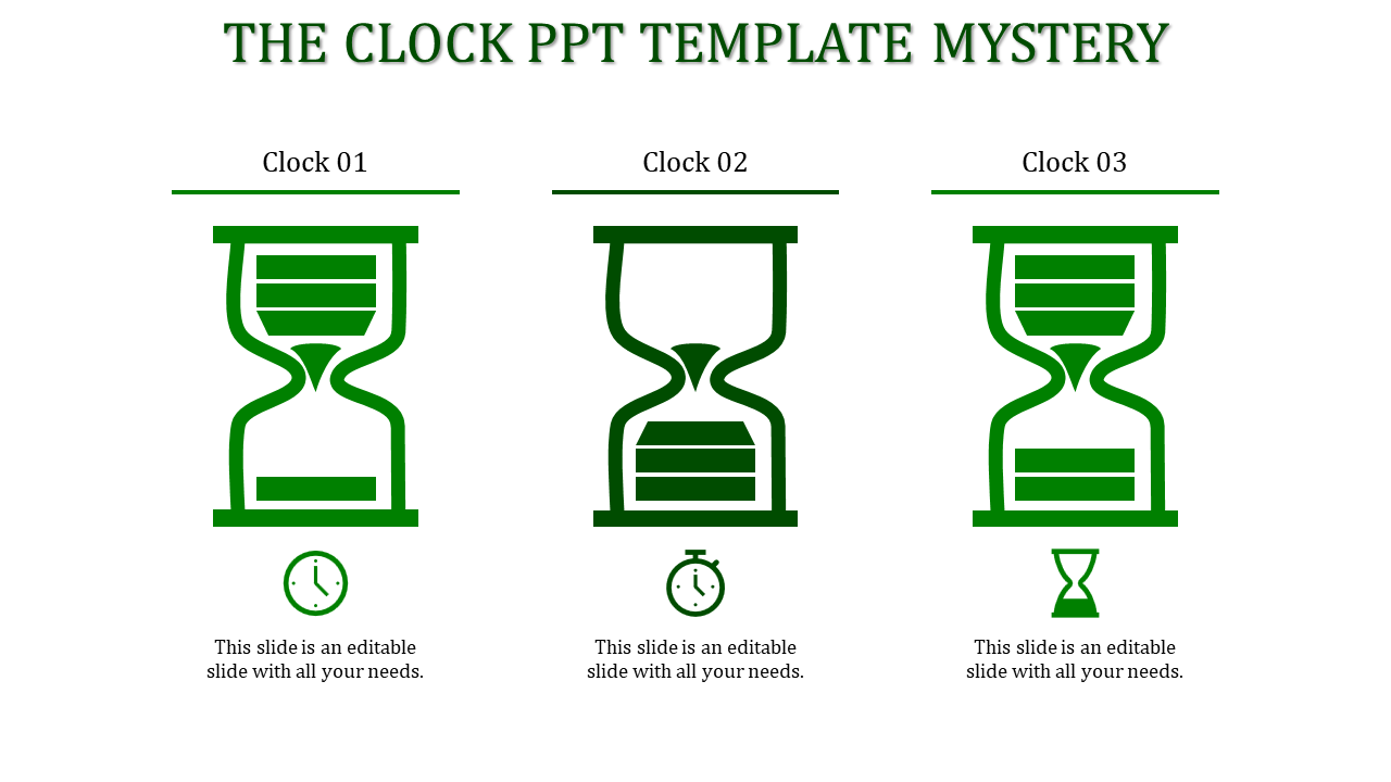Comparison of three time related icons using green hourglass shapes, with different levels of sand movement.