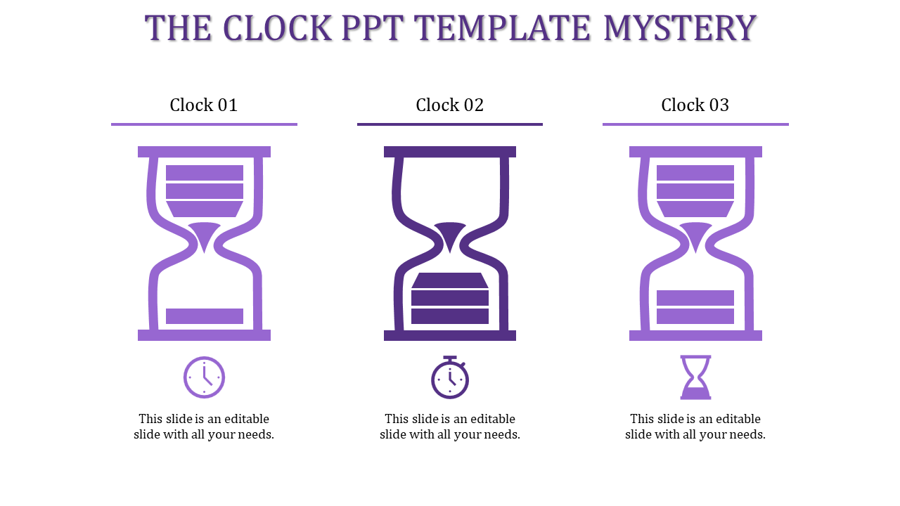 Hourglass timeline template showing three variations with corresponding purple clock and timer icons.