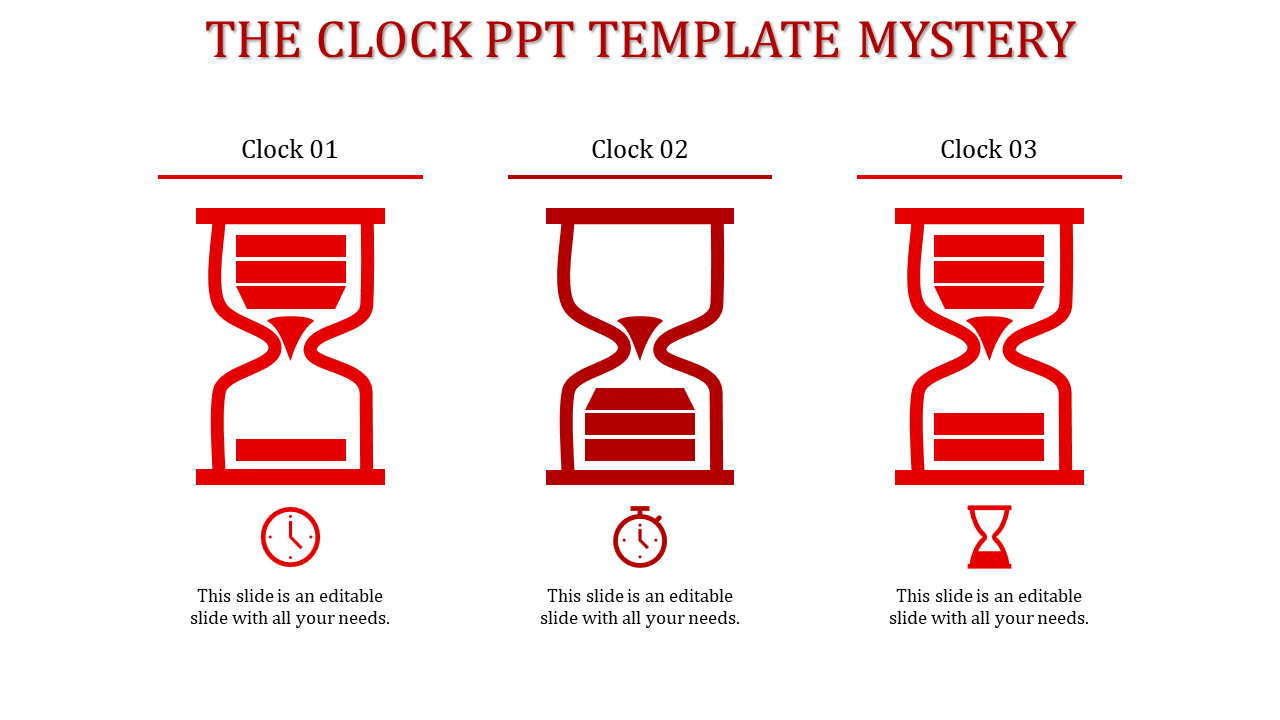 Three bold red hourglass graphics representing different time stages, each paired with a small clock icon below.