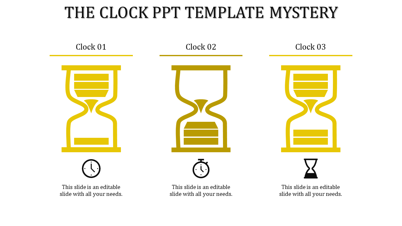 Yellow themed PowerPoint template featuring clock and hourglass icons labeled with captions and placeholder text.