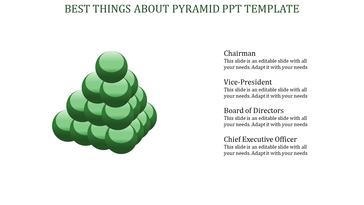 Pyramid PowerPoint template with a green color scheme and titles for Chairman, Vice President, Board of Directors, and CEO.