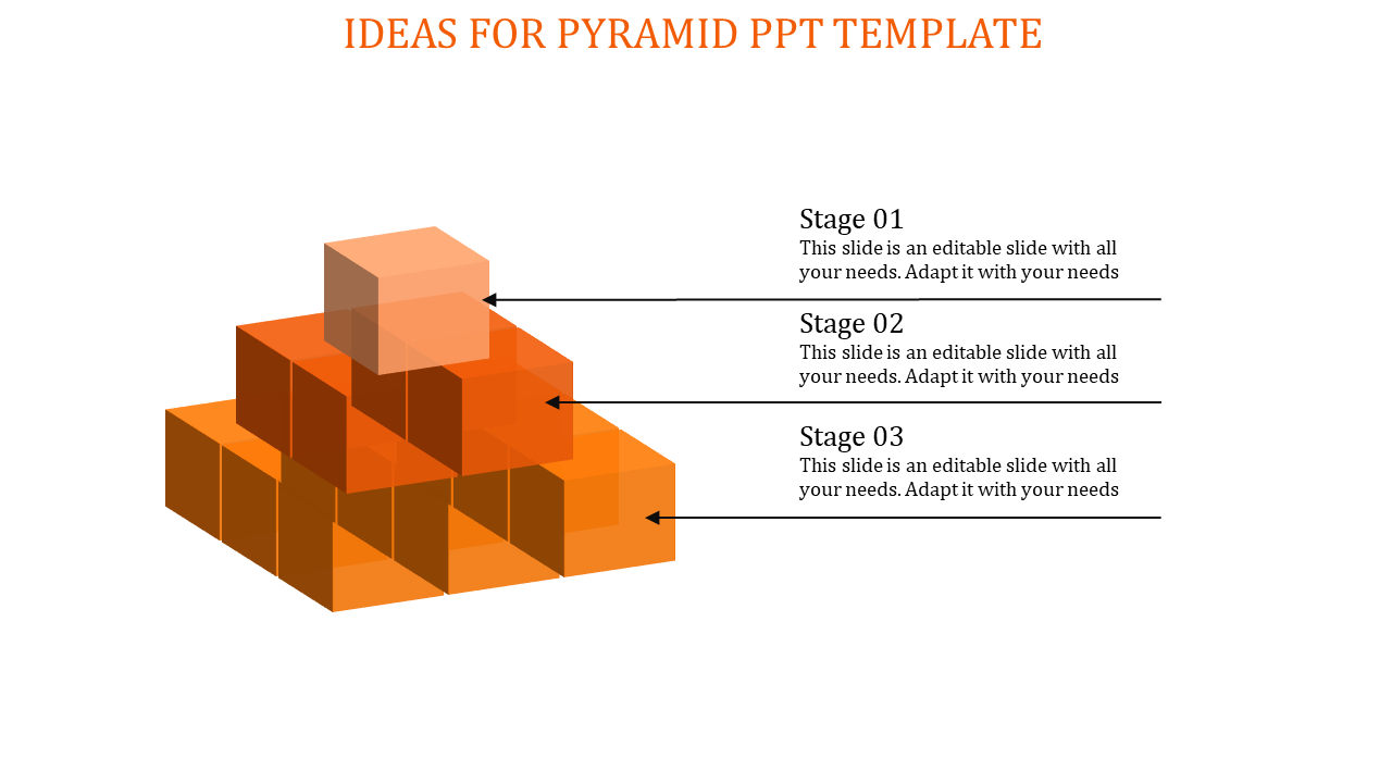 Pyramid shaped 3D template with orange cubes, showing three stages labeled with placeholder text.