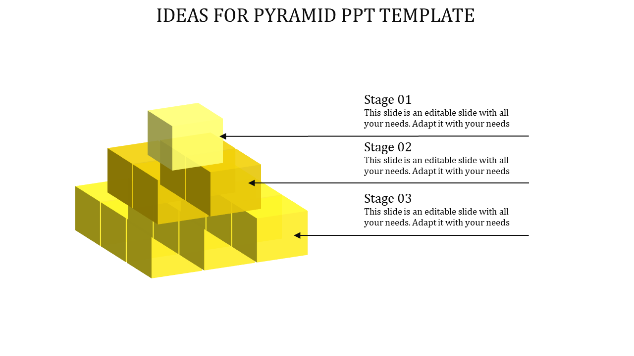 Pyramid shaped 3D template with yellow blocks, divided into three stages labeled with placeholder text.