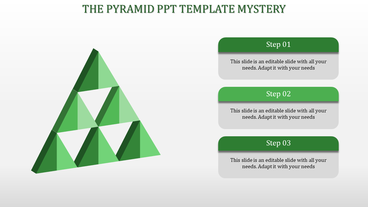 Slide displaying a green 3D triangular framework with three step by step instructions in boxes on the right.