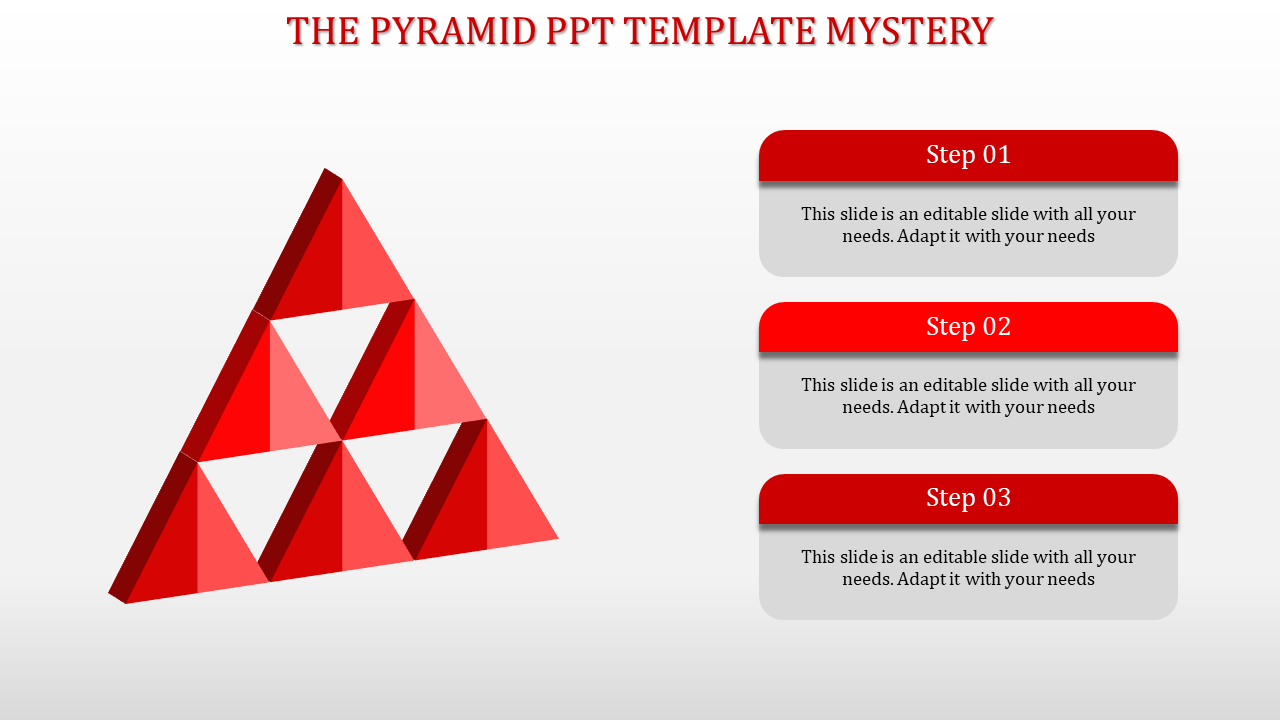 Red geometric pyramid on the left with three labeled steps in boxes on the right, set against a gradient background.