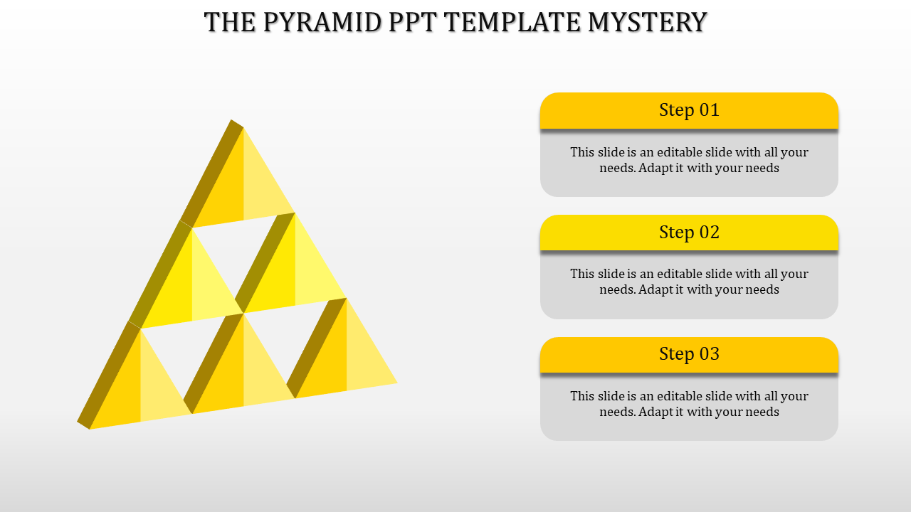 Yellow pyramid with triangular sections and three steps labeled with placeholder text in a PowerPoint slide.