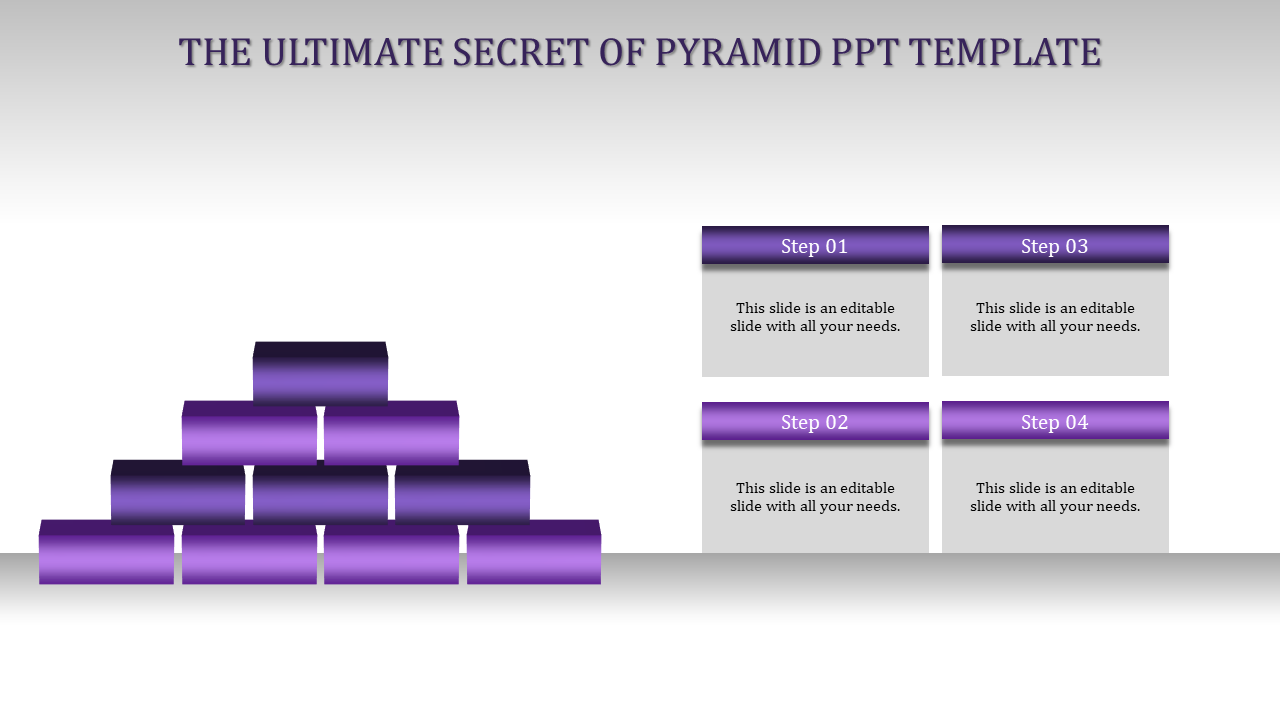 Purple gradient pyramid diagram slide with four steps, each labeled with placeholder text.