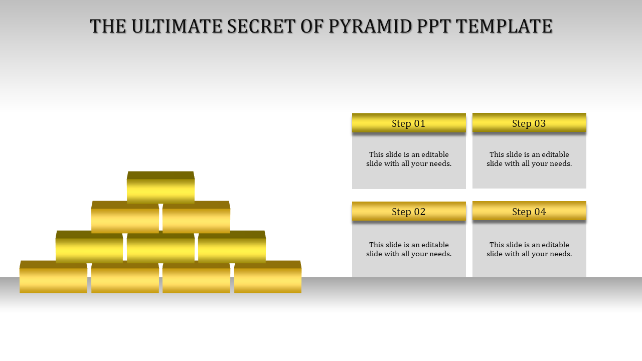 Pyramid template with yellow stacked blocks on the left and four labeled text boxes on the right.