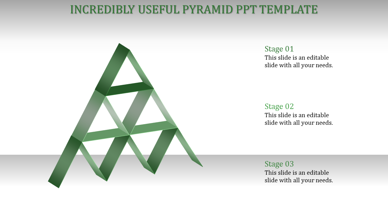 Infographic style template featuring a green geometric pyramid, labeled with three stages on the right side.