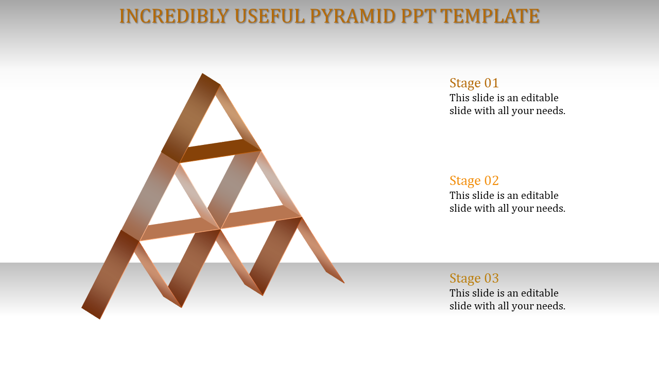 3D orange pyramid structure PPT slide with three steps and placeholder text for each stage.