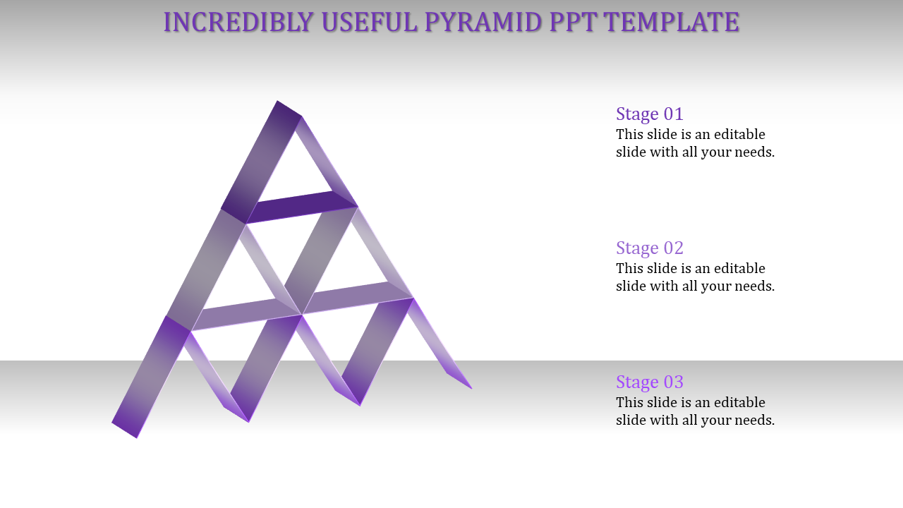 Geometric gray pyramid of layered ribbons connected to three caption areas boxes for three stages.