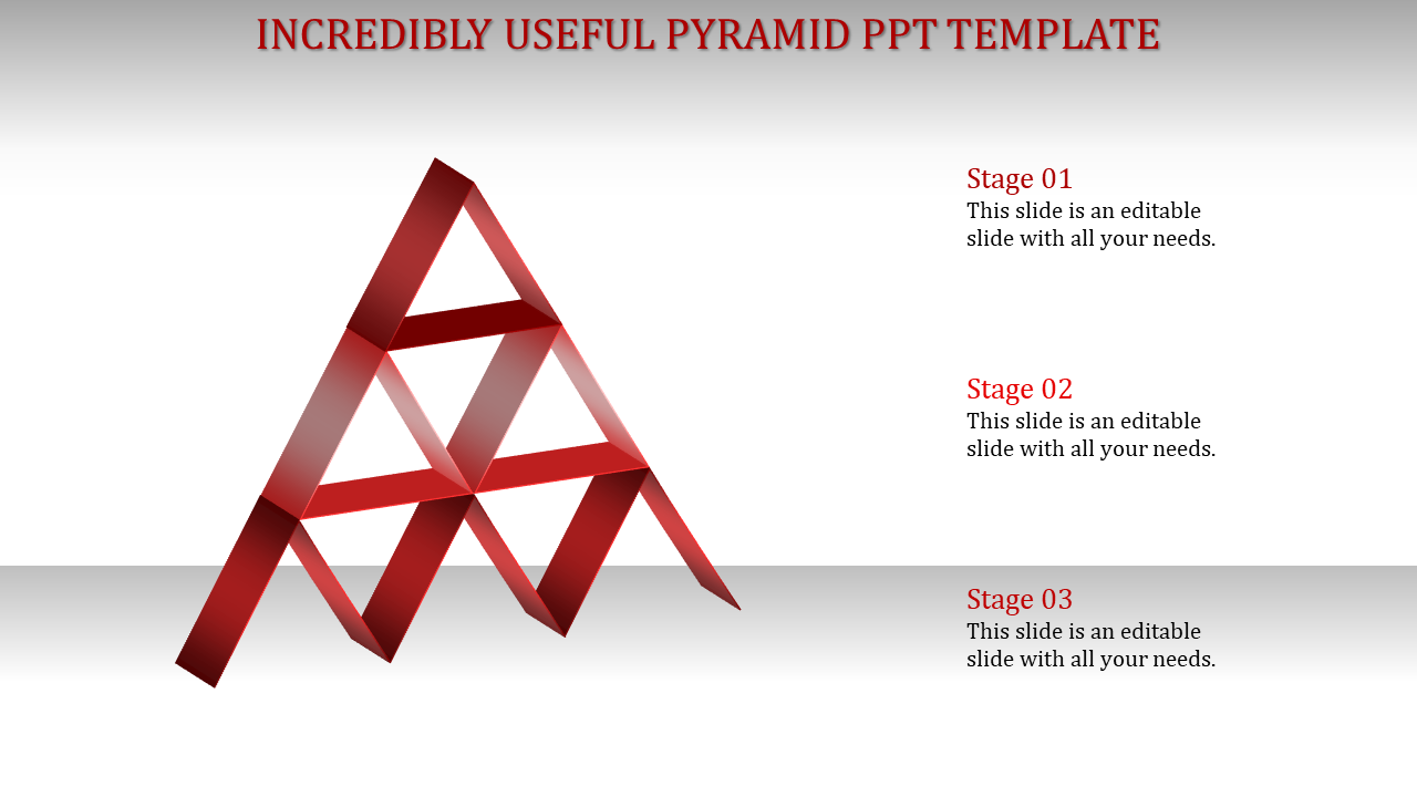 Red 3D pyramid structure made of connected beams, with three labeled stages on the right, on a gradient background.