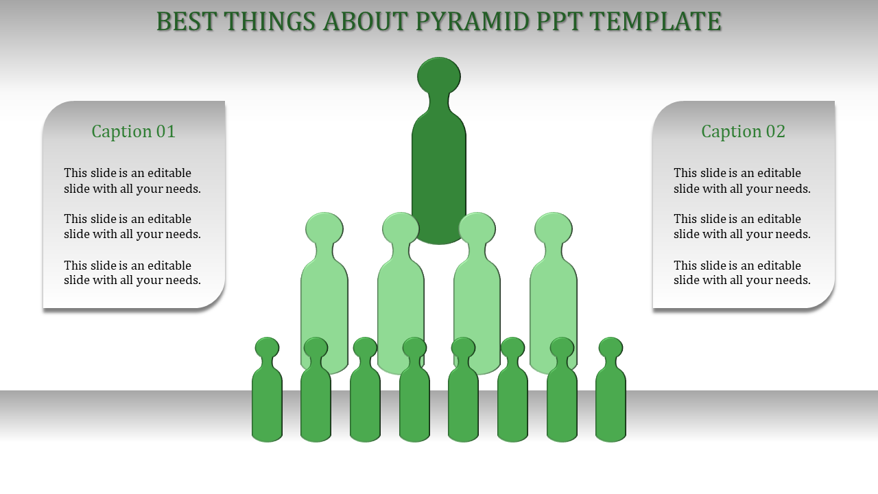Infographic style slide with a human shaped pyramid hierarchy in shades of green, with two text boxes on the sides.
