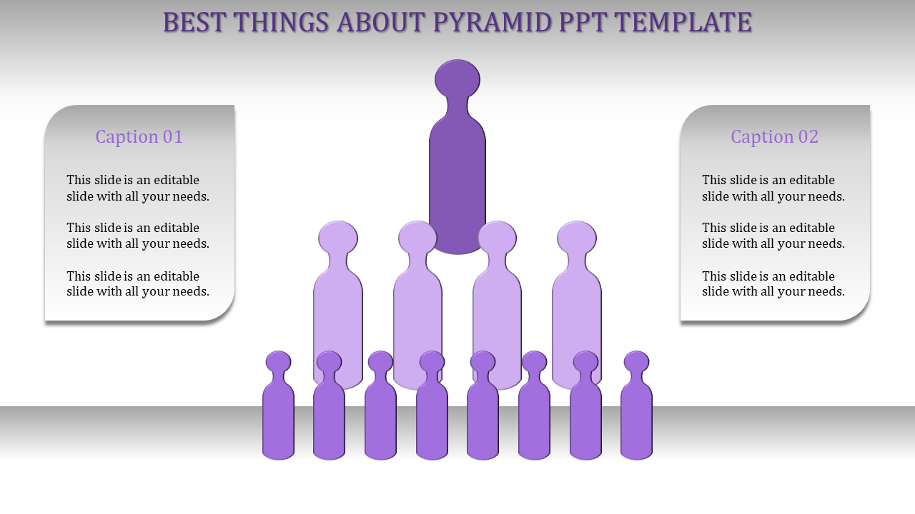 Pyramid template with purple human figures in a hierarchy, paired with two gray text boxes, on a gradient background.