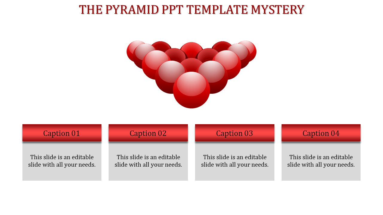Red themed slide with a pyramid shape made of spheres above four caption boxes with content.