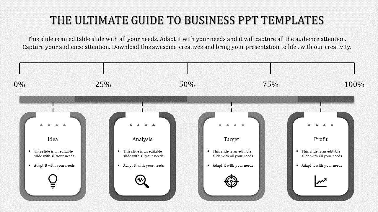 Horizontal layout with four gray boxes showing a process with percentages and icons in a business template.