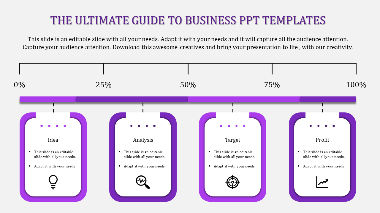 Purple gradient bar with four labeled boxes at different percentages, each containing icons and text.
