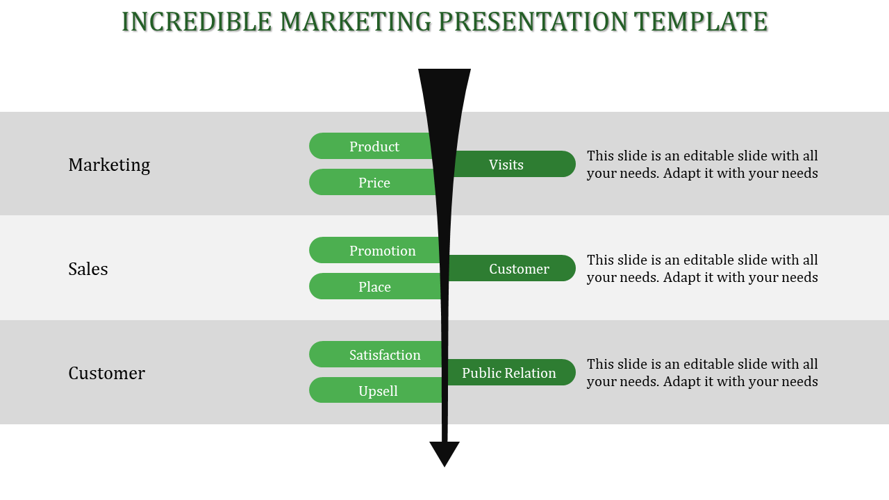 Marketing slide with gray background, featuring green elements, and text based structure with a black downward arrow.