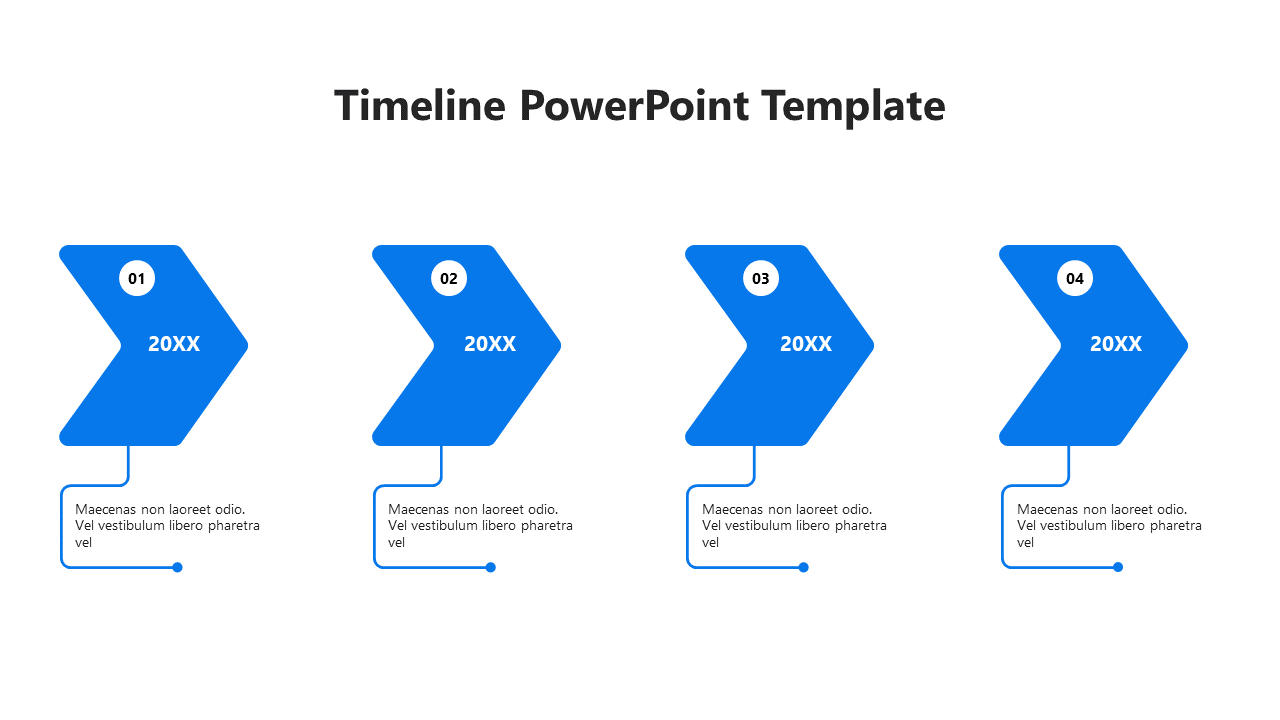 Timeline infographic featuring four blue chevron arrows, each labeled 20XX and connected to captions.