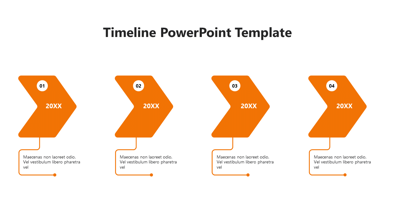 Horizontal timeline with four orange chevron shaped arrows labeled 20XX, each connected to descriptive text below.