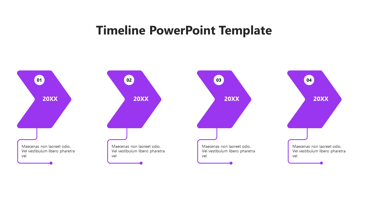 A minimalistic timeline PPT slide with four stages, labeled from 01 to 04 with purple arrows and placeholder text below.