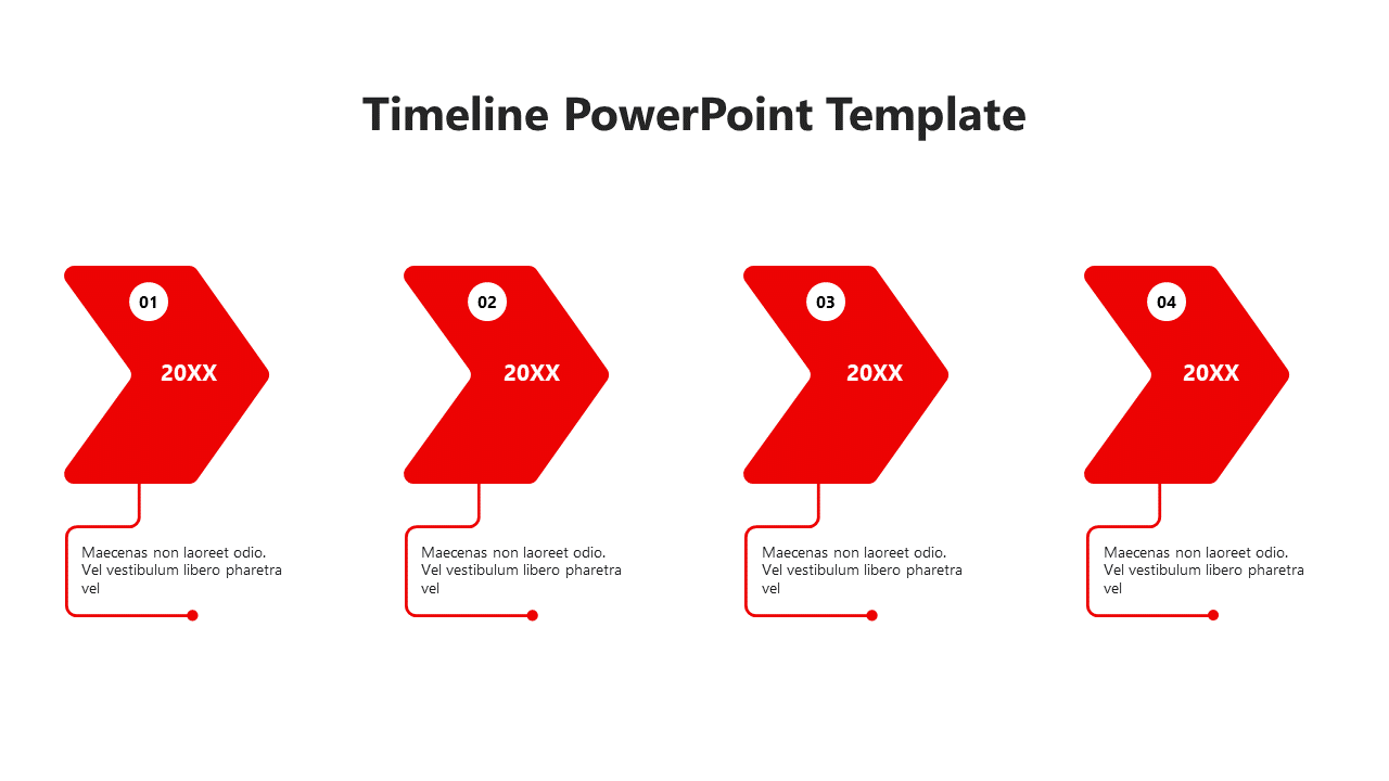 Four green arrow-shaped milestones labeled 01 to 04 with connector lines leading to placeholder text boxes