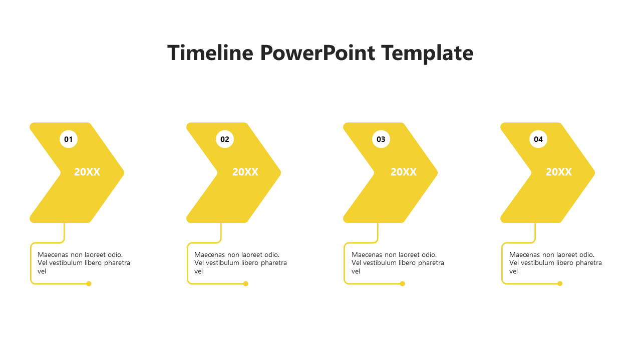 Timeline slide with four sequential yellow arrows, numbered from 01 to 04, each linked to text below.