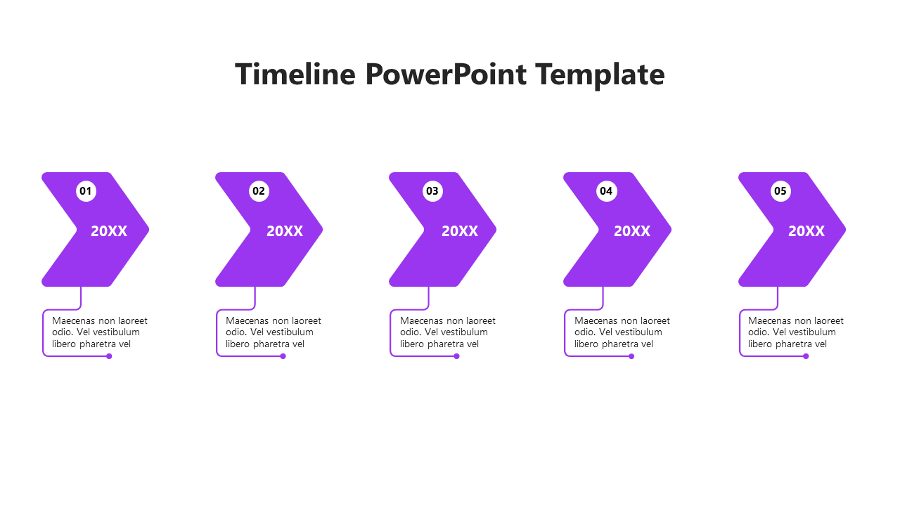 Horizontal timeline with five gray chevron arrows labeled 20XX and numbered 01 to 05, connected to description boxes.