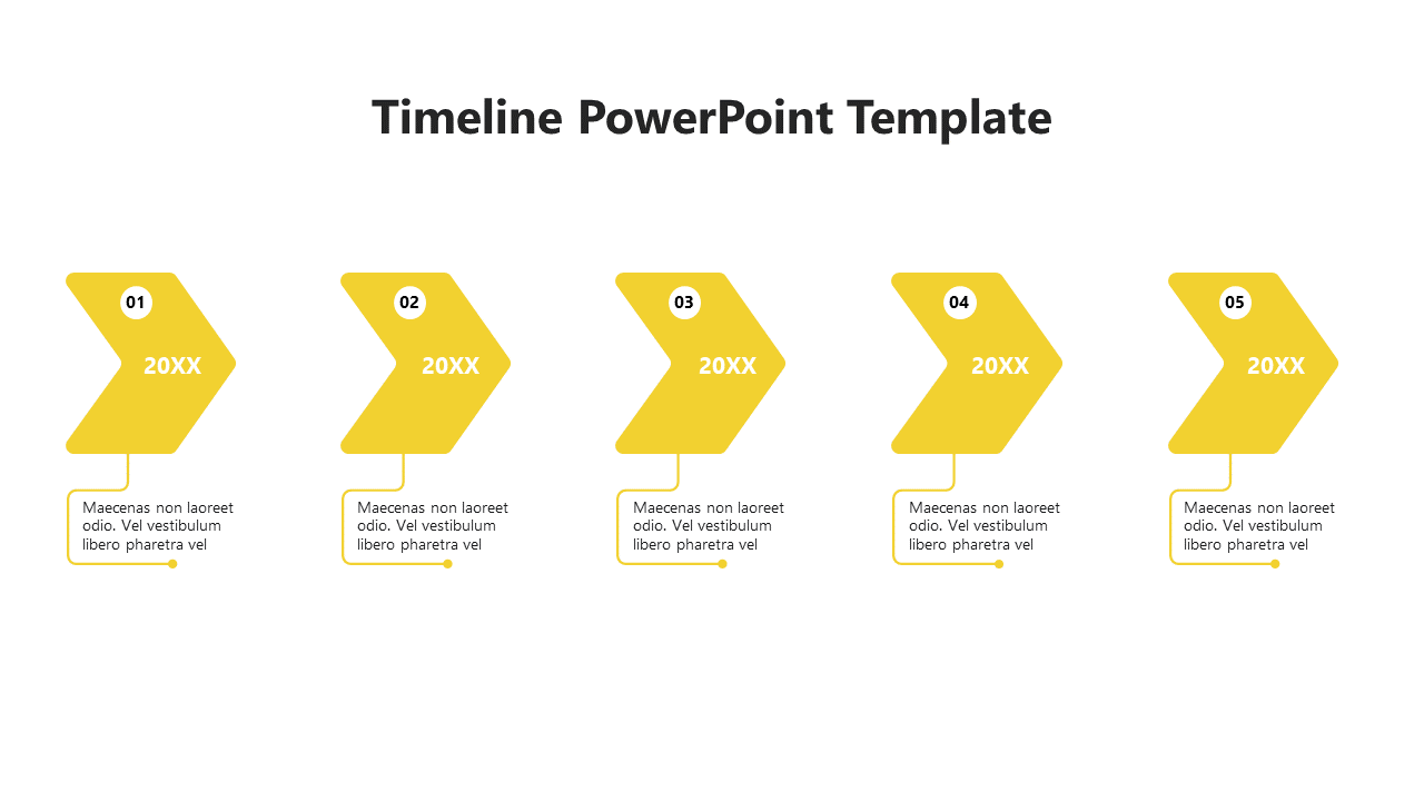 A yellow timeline PowerPoint template with five stages and placeholder text.
