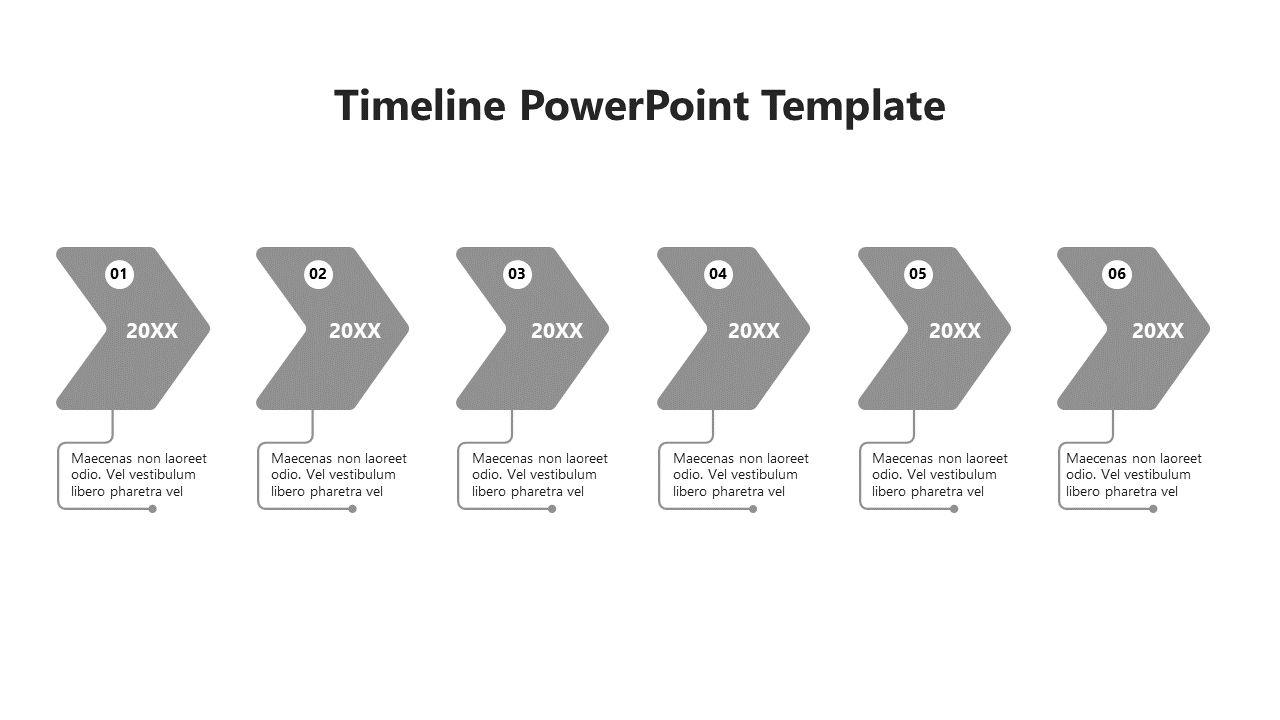 Timeline infographic with six sequential gray arrows, numbered from 01 to 06, each connected to descriptive text.