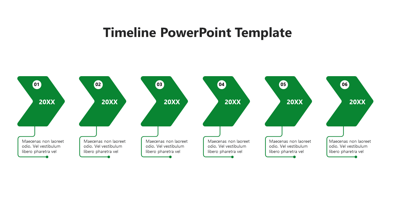 A green themed timeline PowerPoint template with six arrows, each with numbered stages and text placeholders.