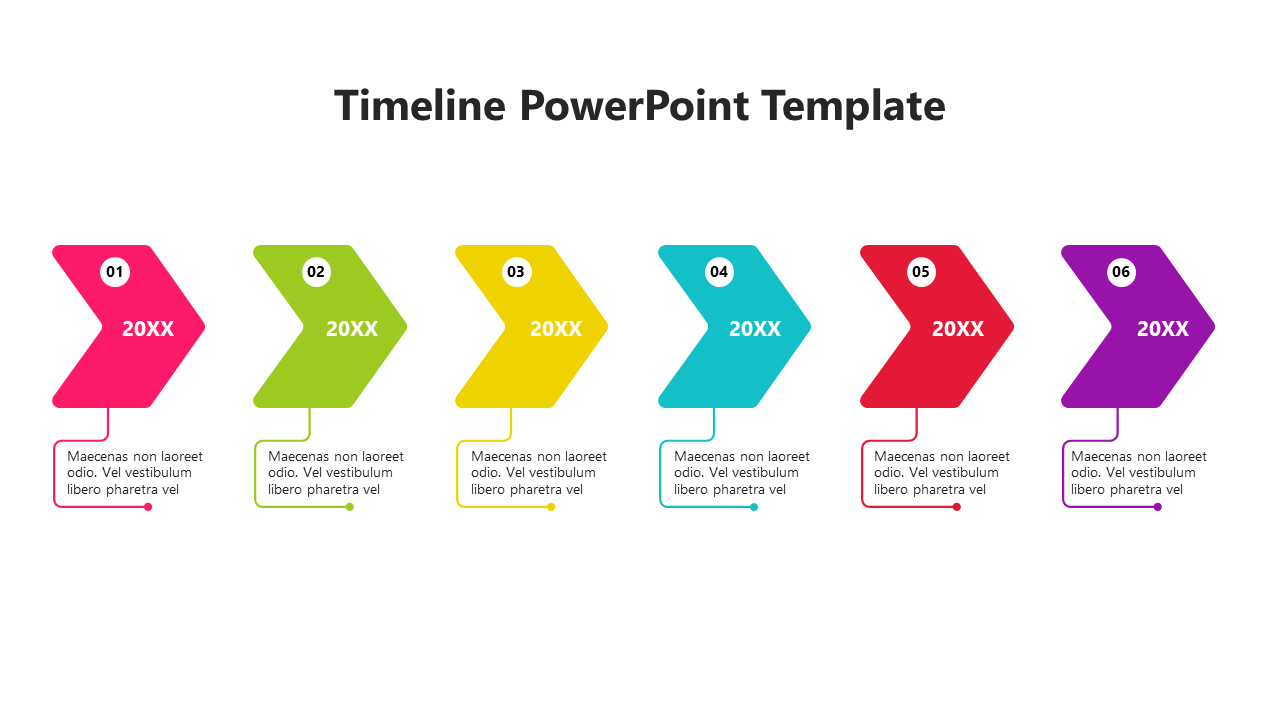 A vibrant, multi colored timeline PowerPoint template with six steps, each with its descriptions and icon.
