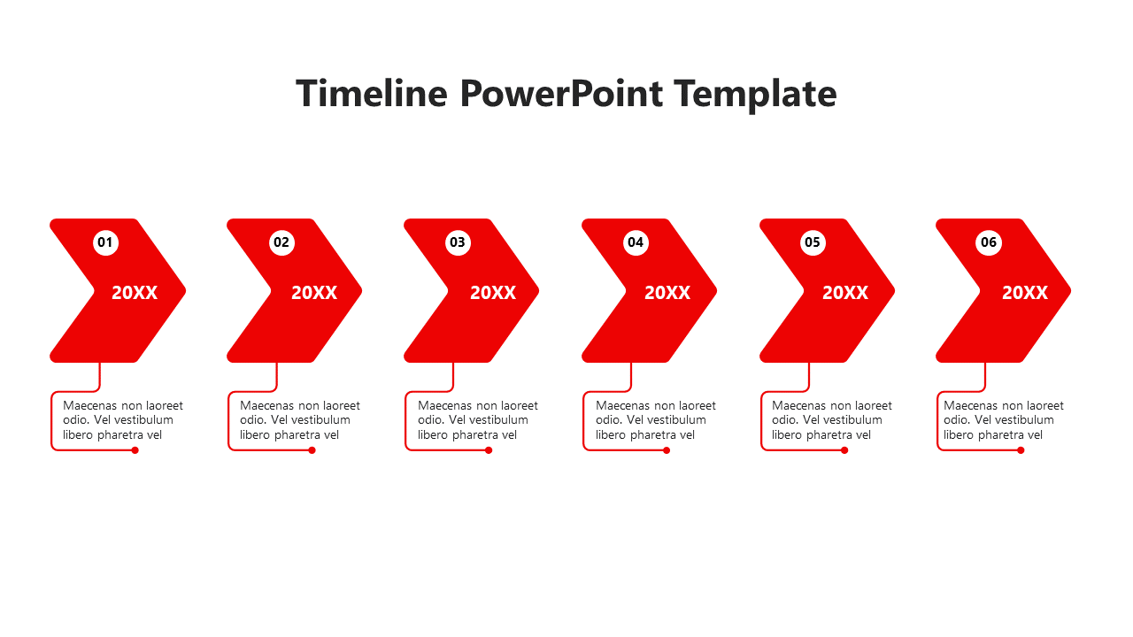 A red themed timeline PowerPoint template with six arrows and numbered stages for each step.